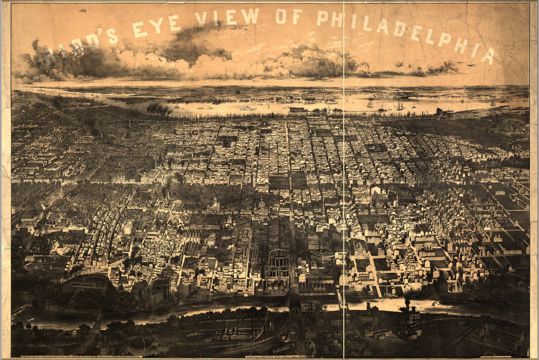 24"x36" Gallery Poster, birdseye view map of Philadelphia 1868