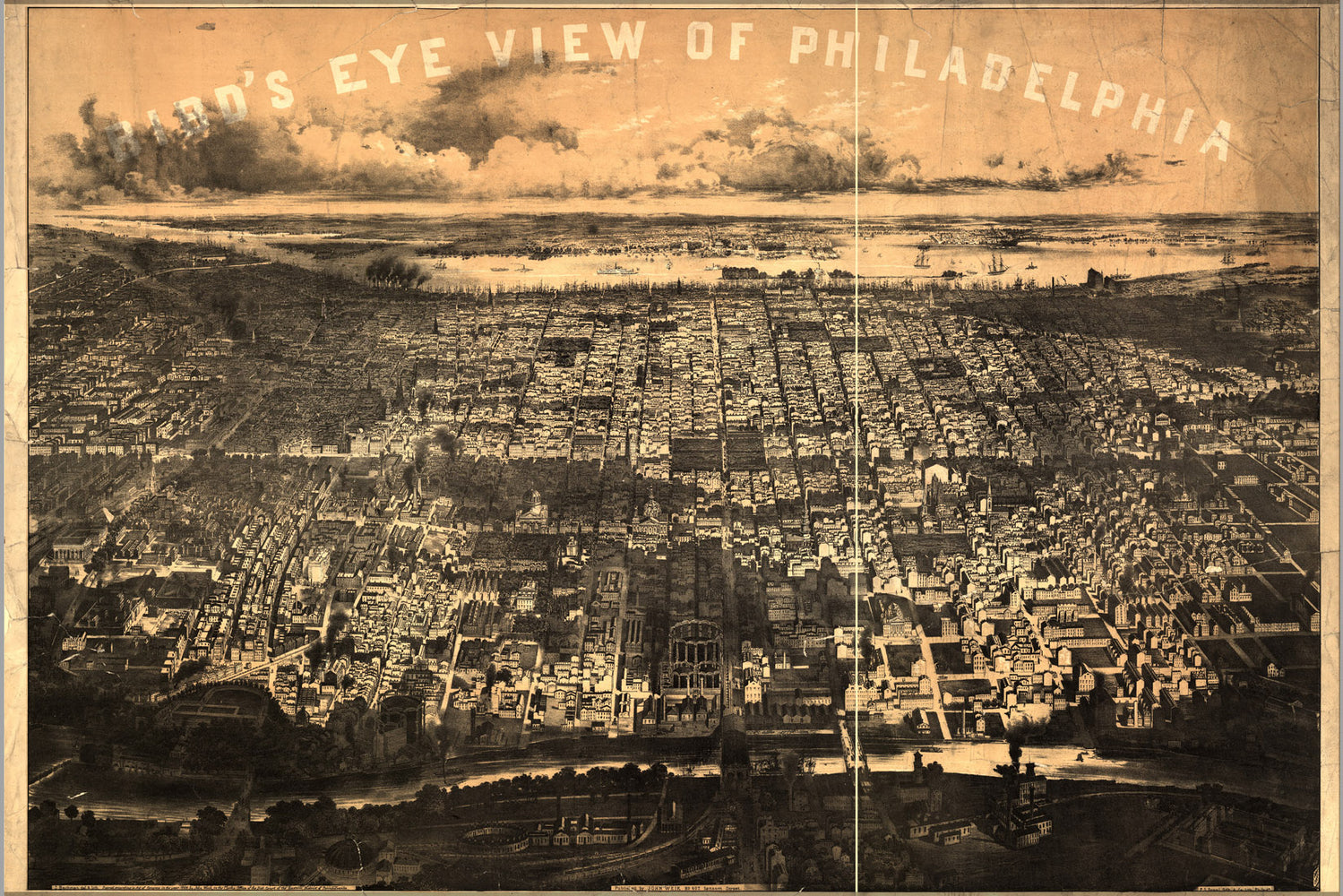 24"x36" Gallery Poster, birdseye view map of Philadelphia 1868