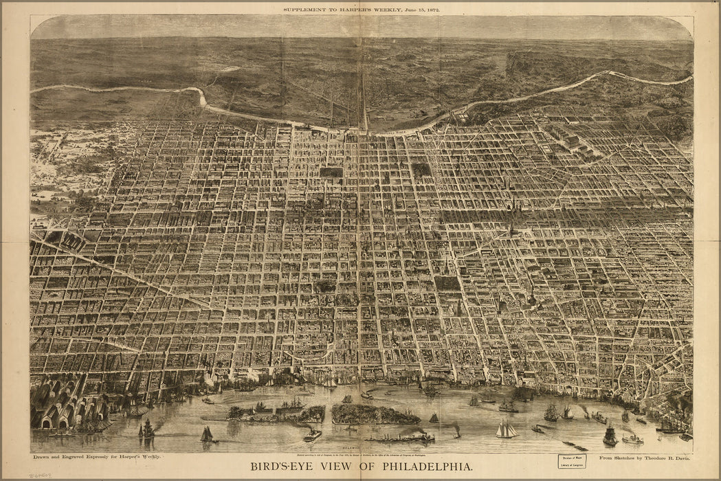 24"x36" Gallery Poster, birdseye view map of Philadelphia 1872