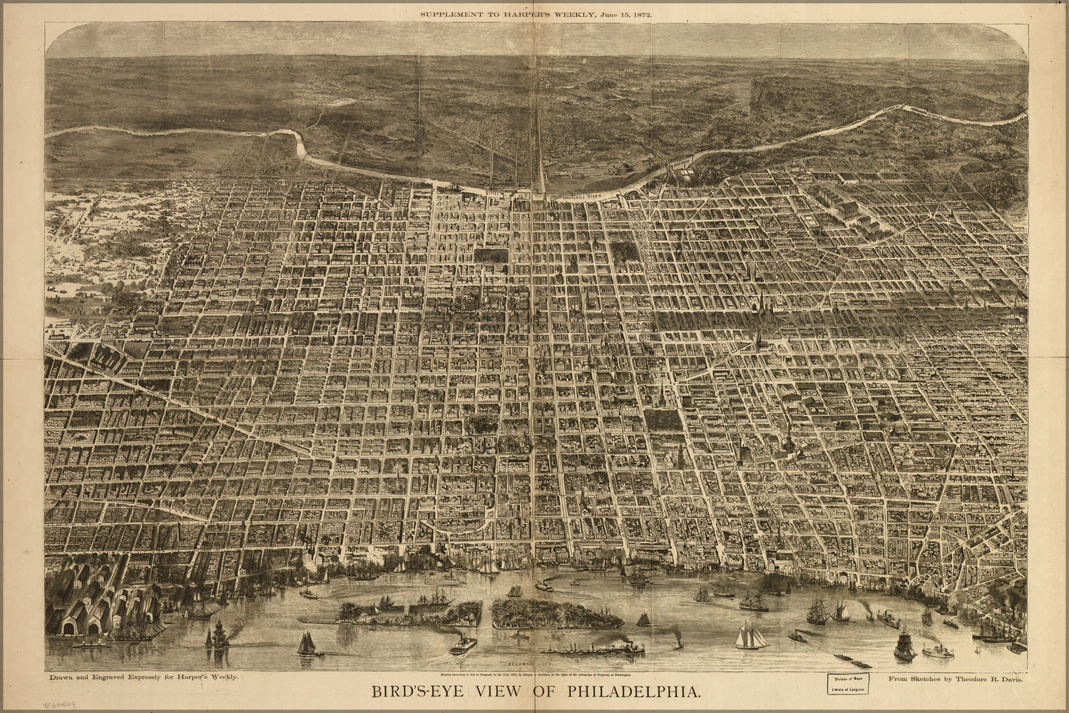 24"x36" Gallery Poster, birdseye view map of Philadelphia 1872