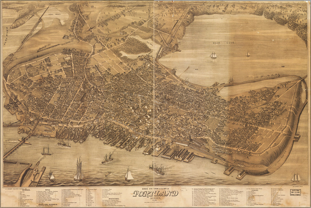 24"x36" Gallery Poster, birdseye view map of Portland, Maine 1876