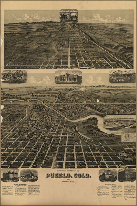 24"x36" Gallery Poster, birdseye view map of Pueblo, Colorado 1890