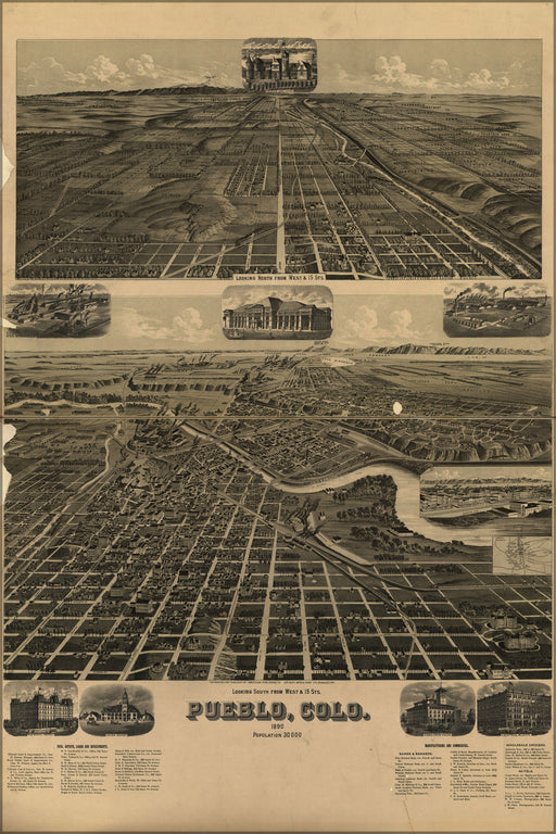24"x36" Gallery Poster, birdseye view map of Pueblo, Colorado 1890