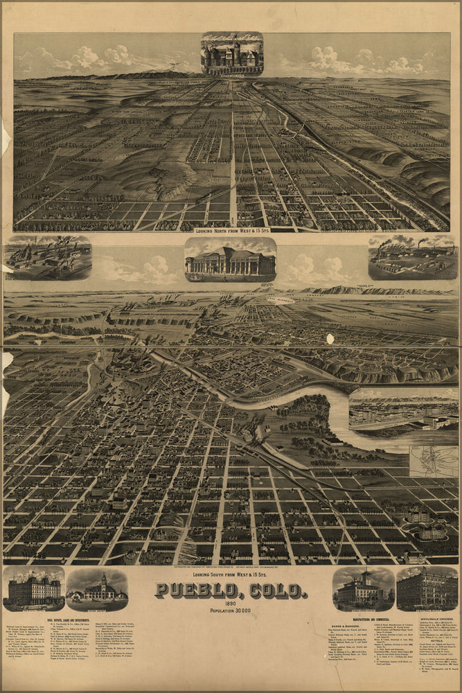 24"x36" Gallery Poster, birdseye view map of Pueblo, Colorado 1890