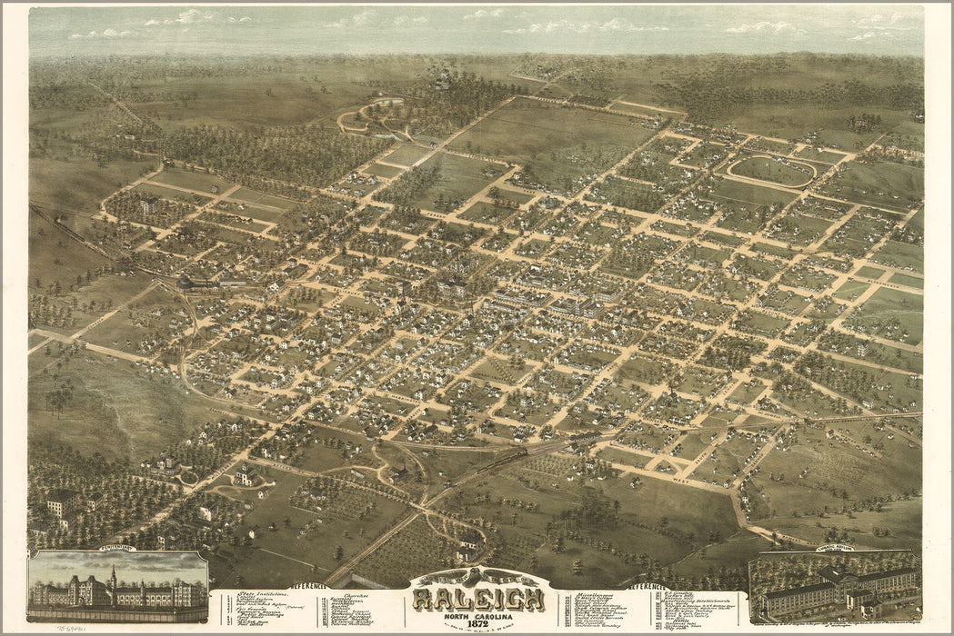 24"x36" Gallery Poster, birdseye view map of Raleigh, North Carolina 1872