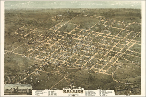 24"x36" Gallery Poster, birdseye view map of Raleigh, North Carolina 1872