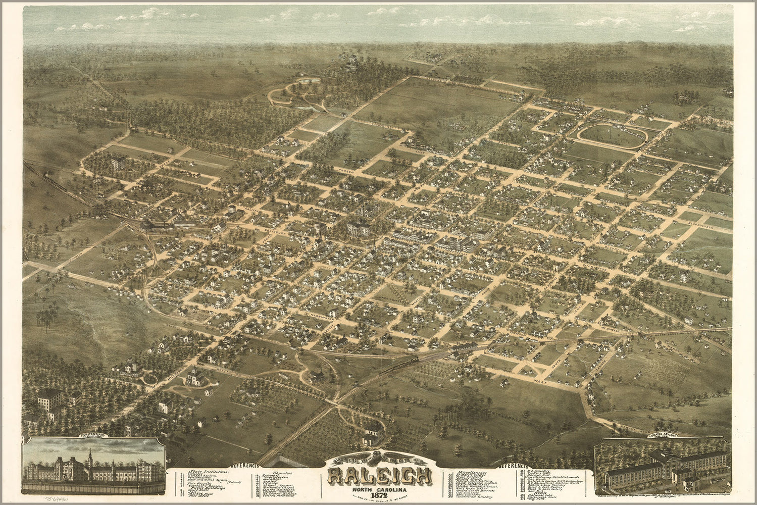 24"x36" Gallery Poster, birdseye view map of Raleigh, North Carolina 1872