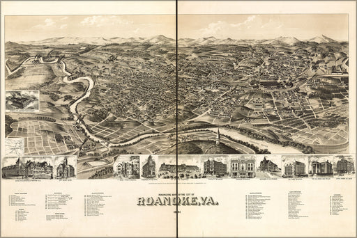 24"x36" Gallery Poster, birdseye view map of Roanoke, Virginia 1891