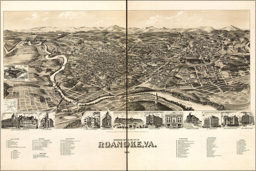 24"x36" Gallery Poster, birdseye view map of Roanoke, Virginia 1891