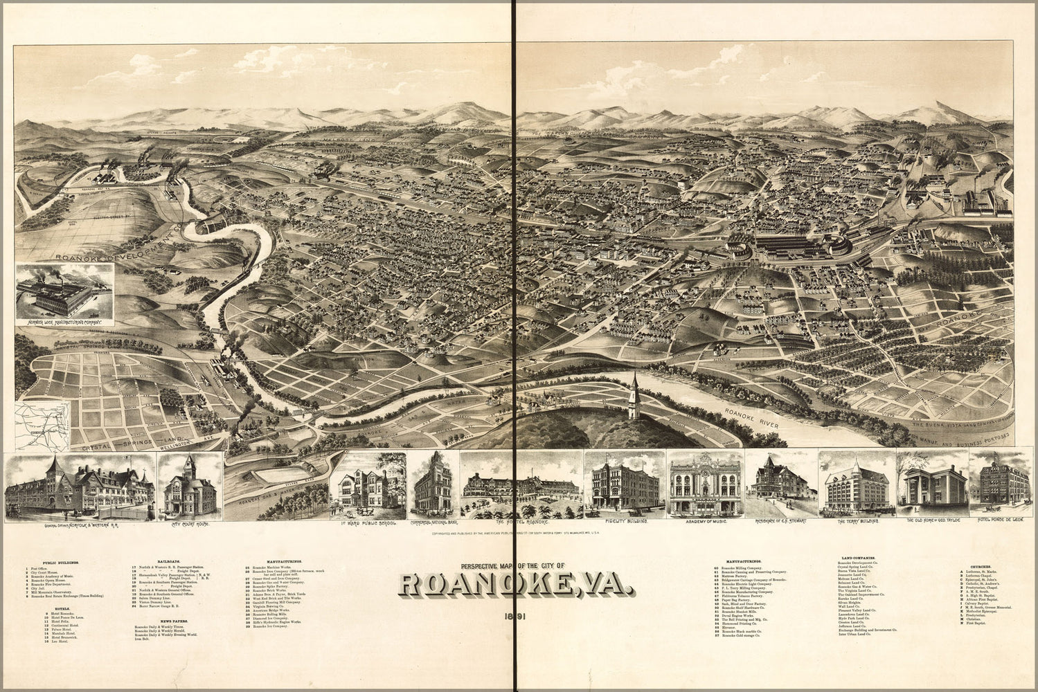 24"x36" Gallery Poster, birdseye view map of Roanoke, Virginia 1891