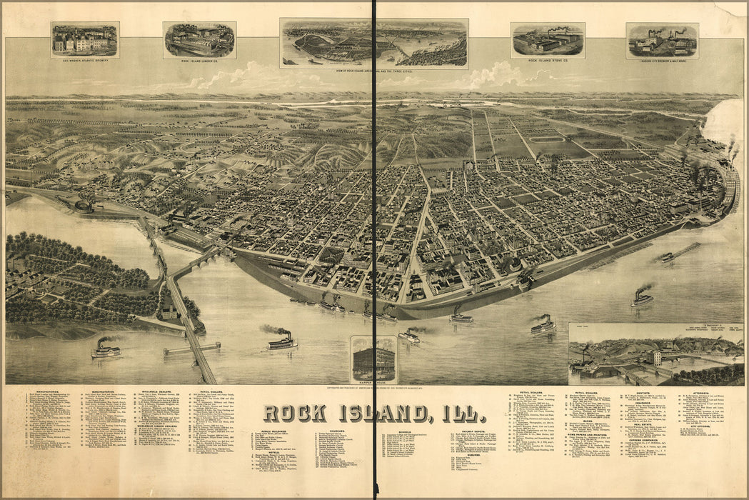 24"x36" Gallery Poster, birdseye view map of Rock Island, Illinois 1889