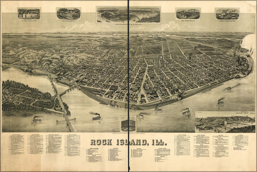 24"x36" Gallery Poster, birdseye view map of Rock Island, Illinois 1889