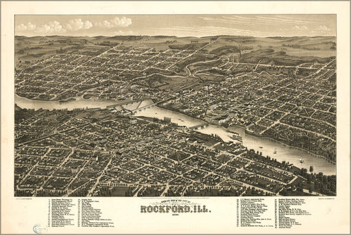 24"x36" Gallery Poster, birdseye view map of Rockford, Illinois 1880
