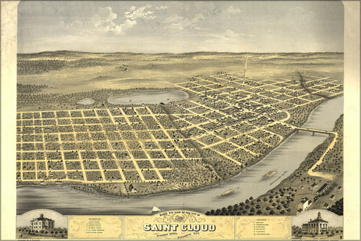 24"x36" Gallery Poster, birdseye view map of Saint Cloud, Minnesota 1869