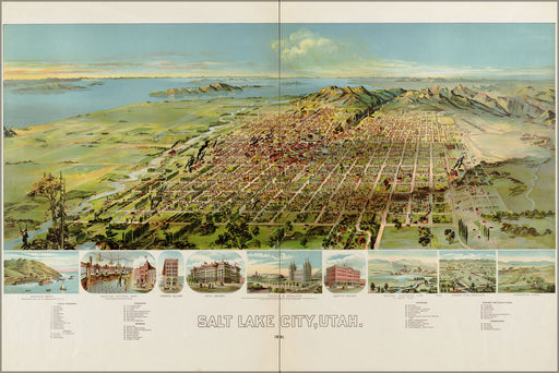 24"x36" Gallery Poster, birdseye view map of Salt Lake City, Utah 1891