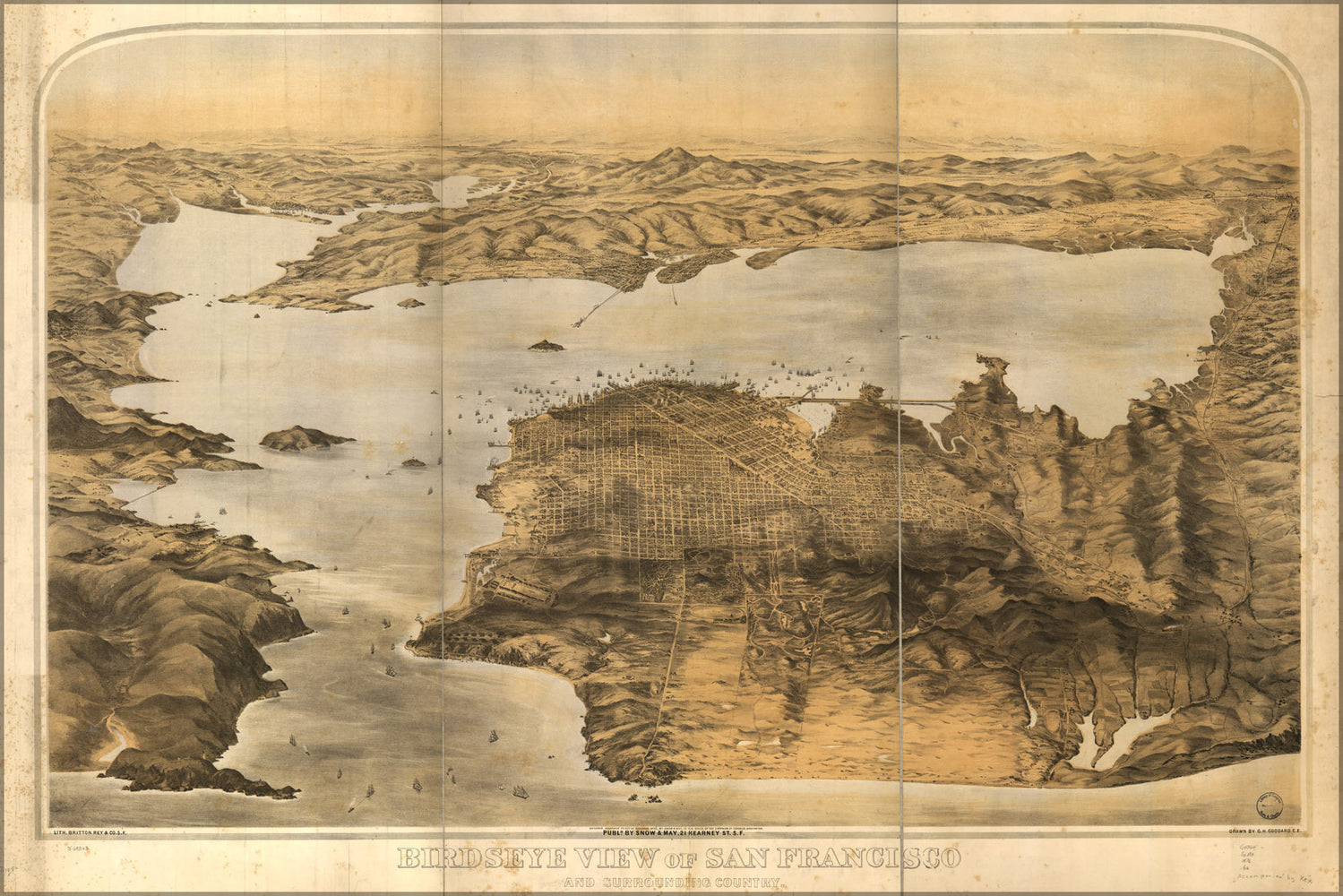 24"x36" Gallery Poster, birdseye view map of San Francisco 1876