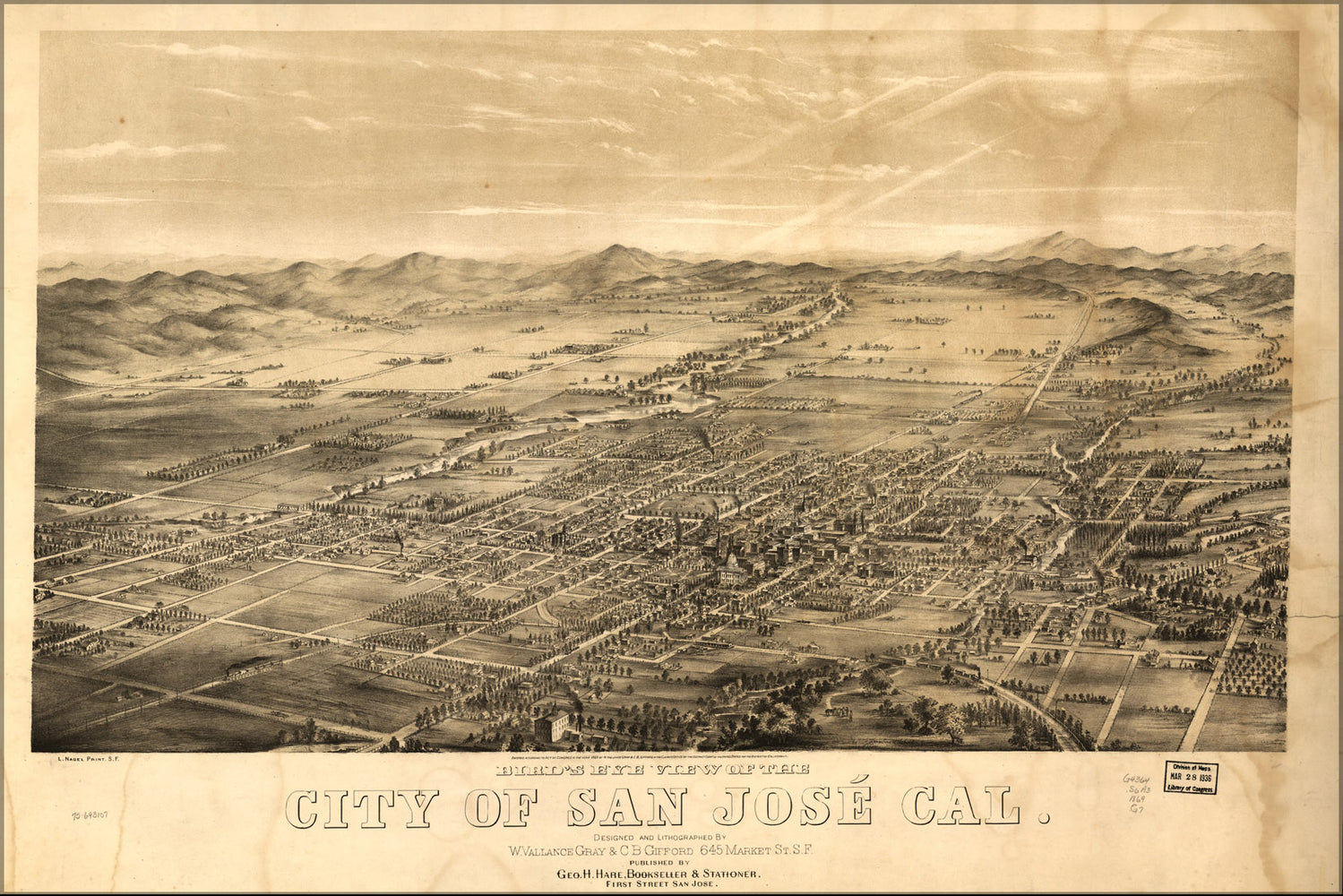 24"x36" Gallery Poster, birdseye view map of San Jose, California 1869
