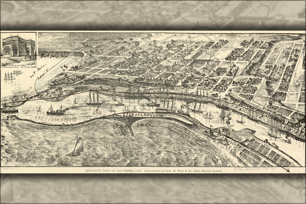 24"x36" Gallery Poster, birdseye view map of San Pedro, California 1905