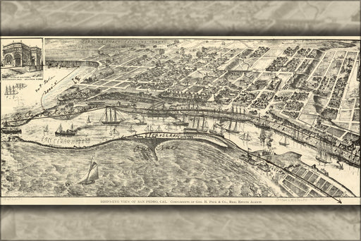 24"x36" Gallery Poster, birdseye view map of San Pedro, California 1905