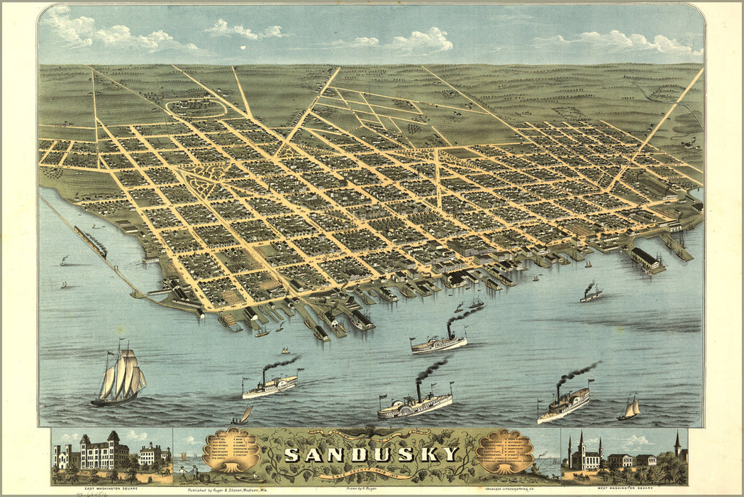 24"x36" Gallery Poster, birdseye view map of Sandusky, Ohio 1870