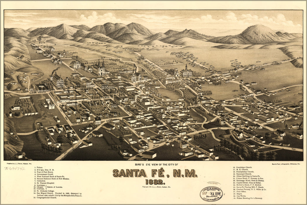 24"x36" Gallery Poster, birdseye view map of Santa Fe, New mexico 1882