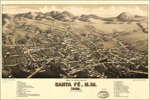 24"x36" Gallery Poster, birdseye view map of Santa Fe, New mexico 1882