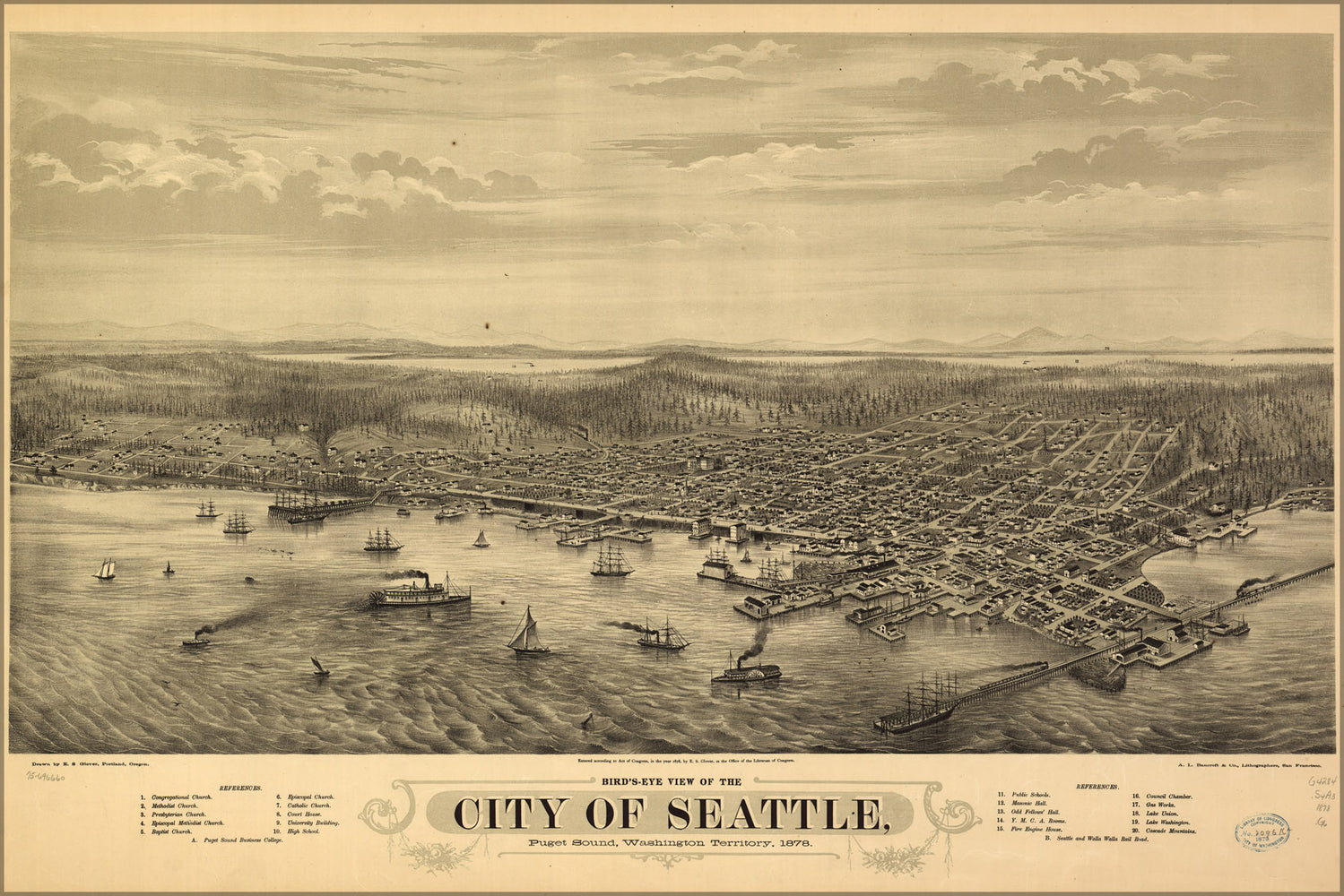 24"x36" Gallery Poster, birdseye view map of Seattle, Puget Sound, Washington Territory, 1878