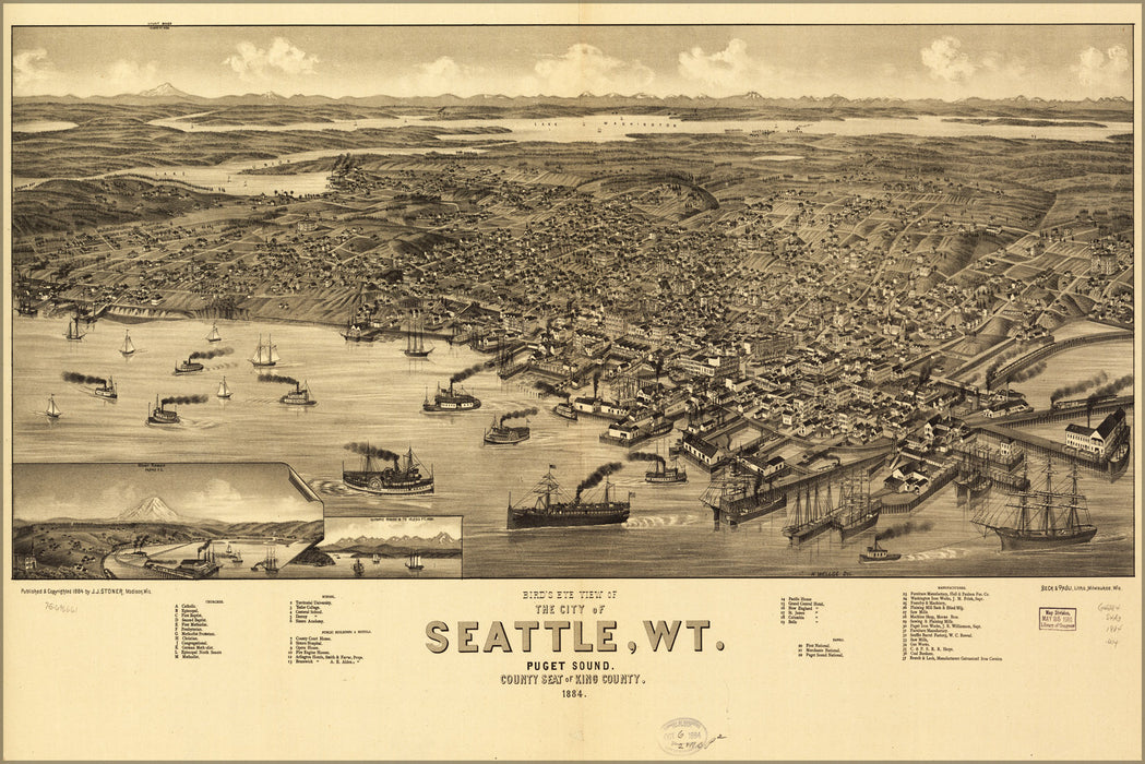 24"x36" Gallery Poster, birdseye view map of Seattle, Puget Sound, Washington Territory, 1884