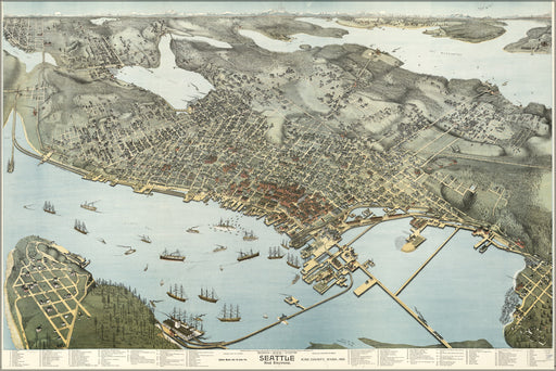 24"x36" Gallery Poster, birdseye view map of Seattle washington 1891