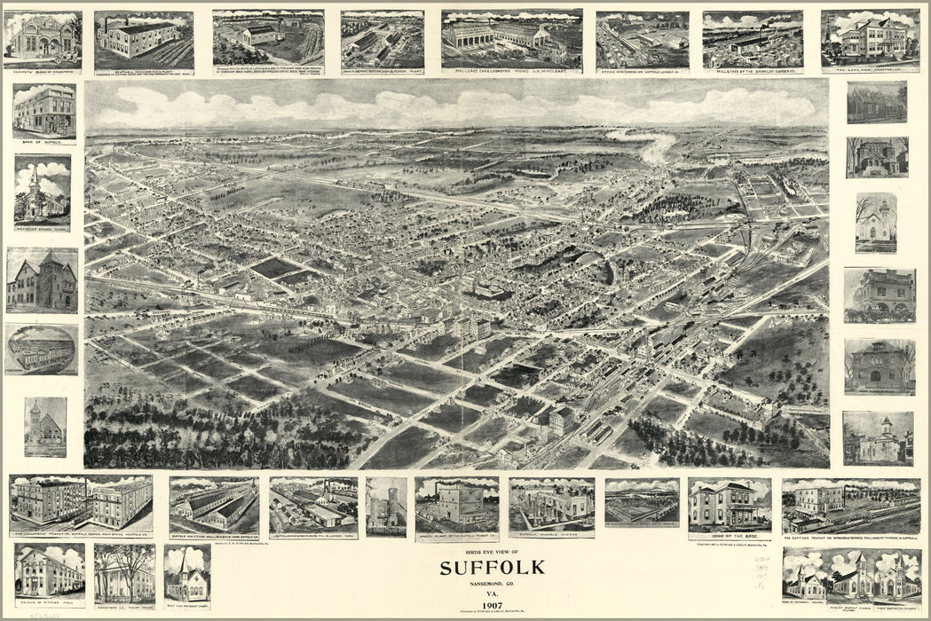 24"x36" Gallery Poster, birdseye view map of Suffolk, virginia 1907