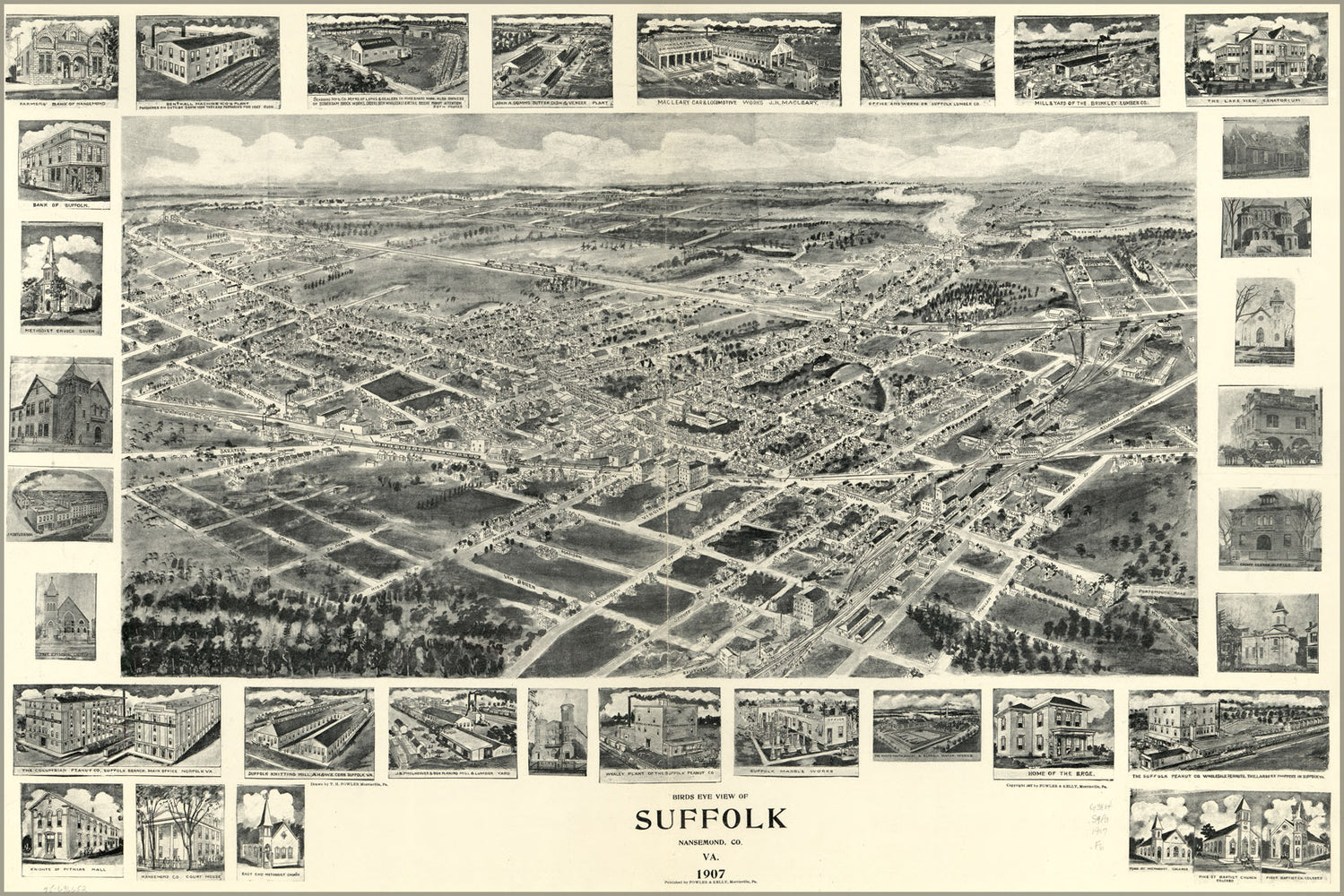 24"x36" Gallery Poster, birdseye view map of Suffolk, virginia 1907