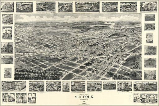24"x36" Gallery Poster, birdseye view map of Suffolk, virginia 1907