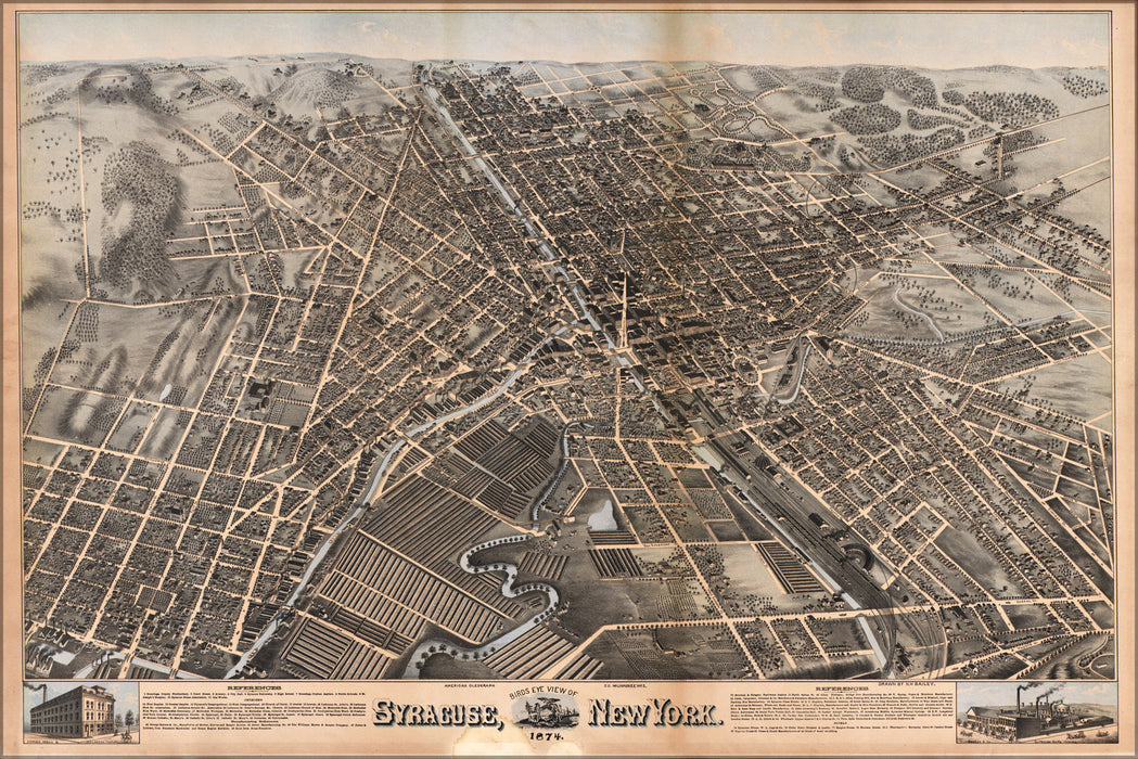 24"x36" Gallery Poster, birdseye view map of Syracuse, New York  1874