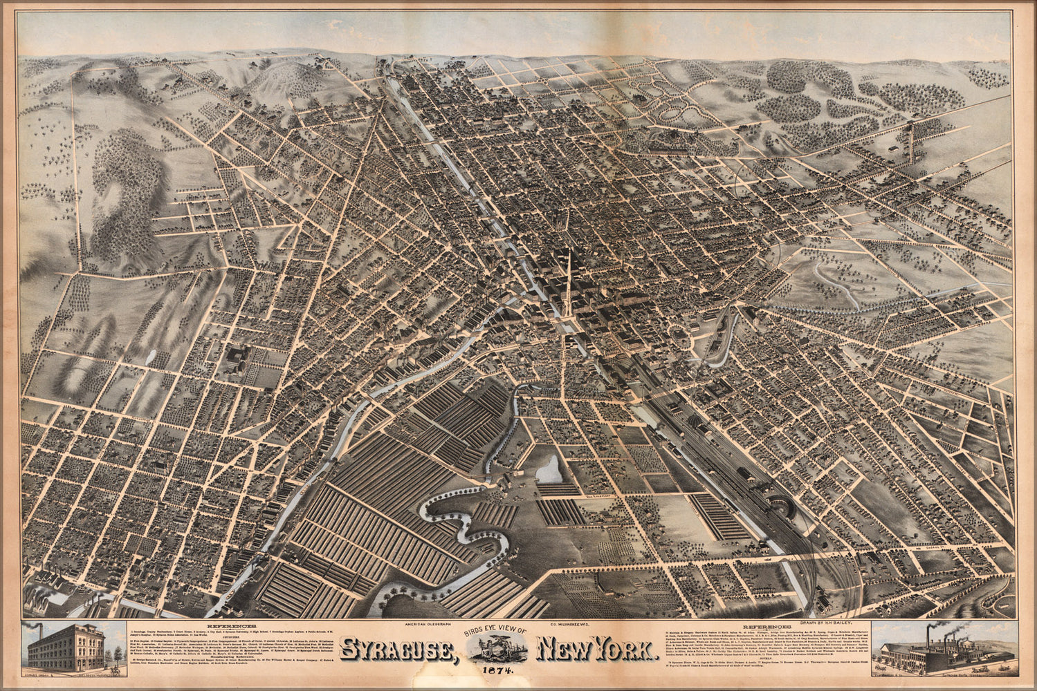 24"x36" Gallery Poster, birdseye view map of Syracuse, New York  1874
