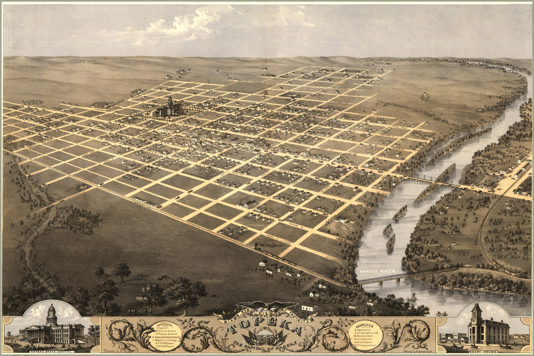 24"x36" Gallery Poster, birdseye view map of Topeka, Kansas 1869