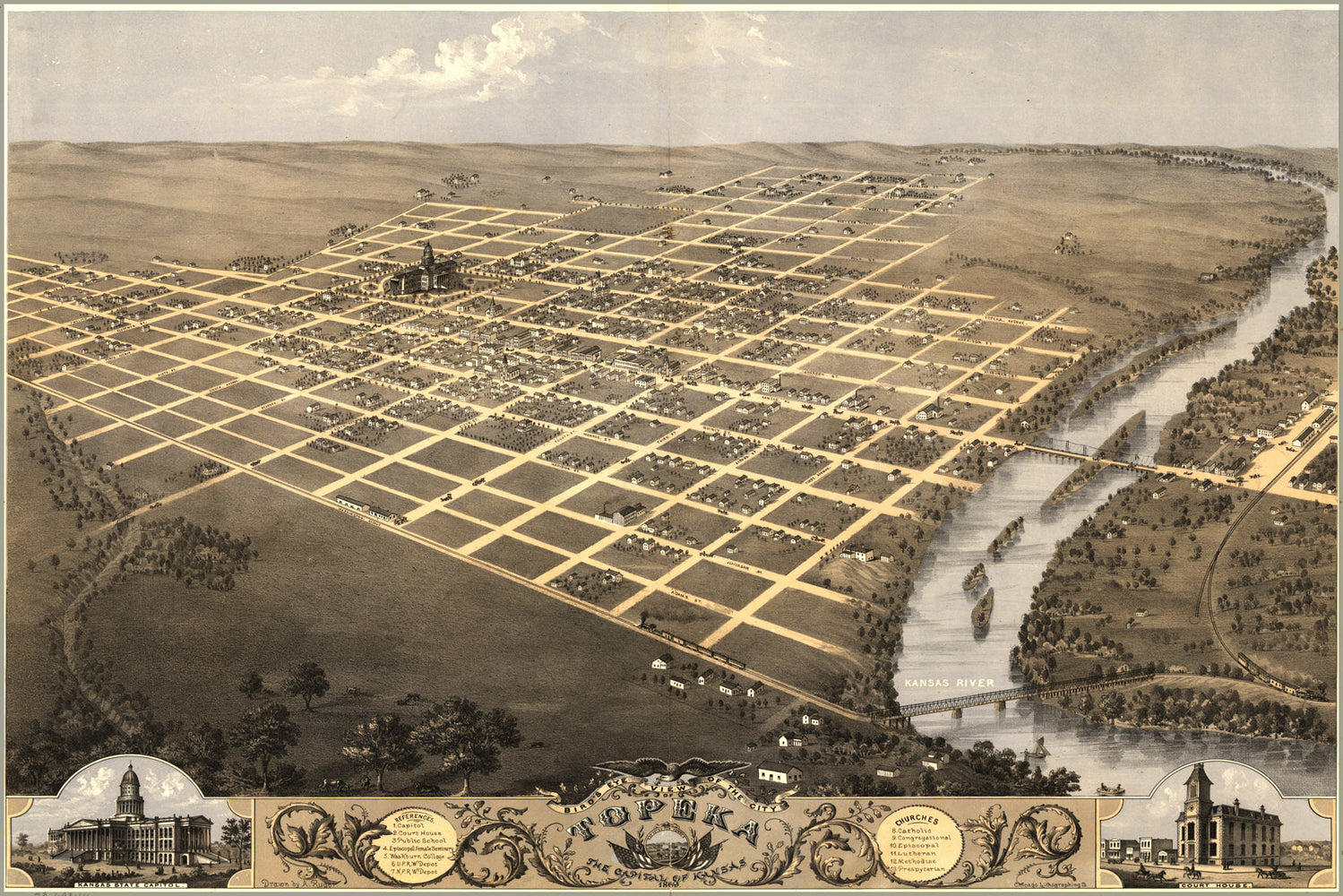 24"x36" Gallery Poster, birdseye view map of Topeka, Kansas 1869