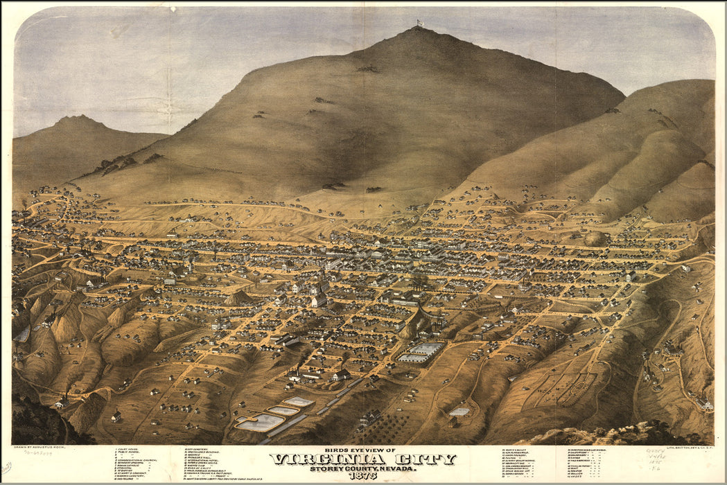 24"x36" Gallery Poster, birdseye view map of Virginia City, Nevada. 1875