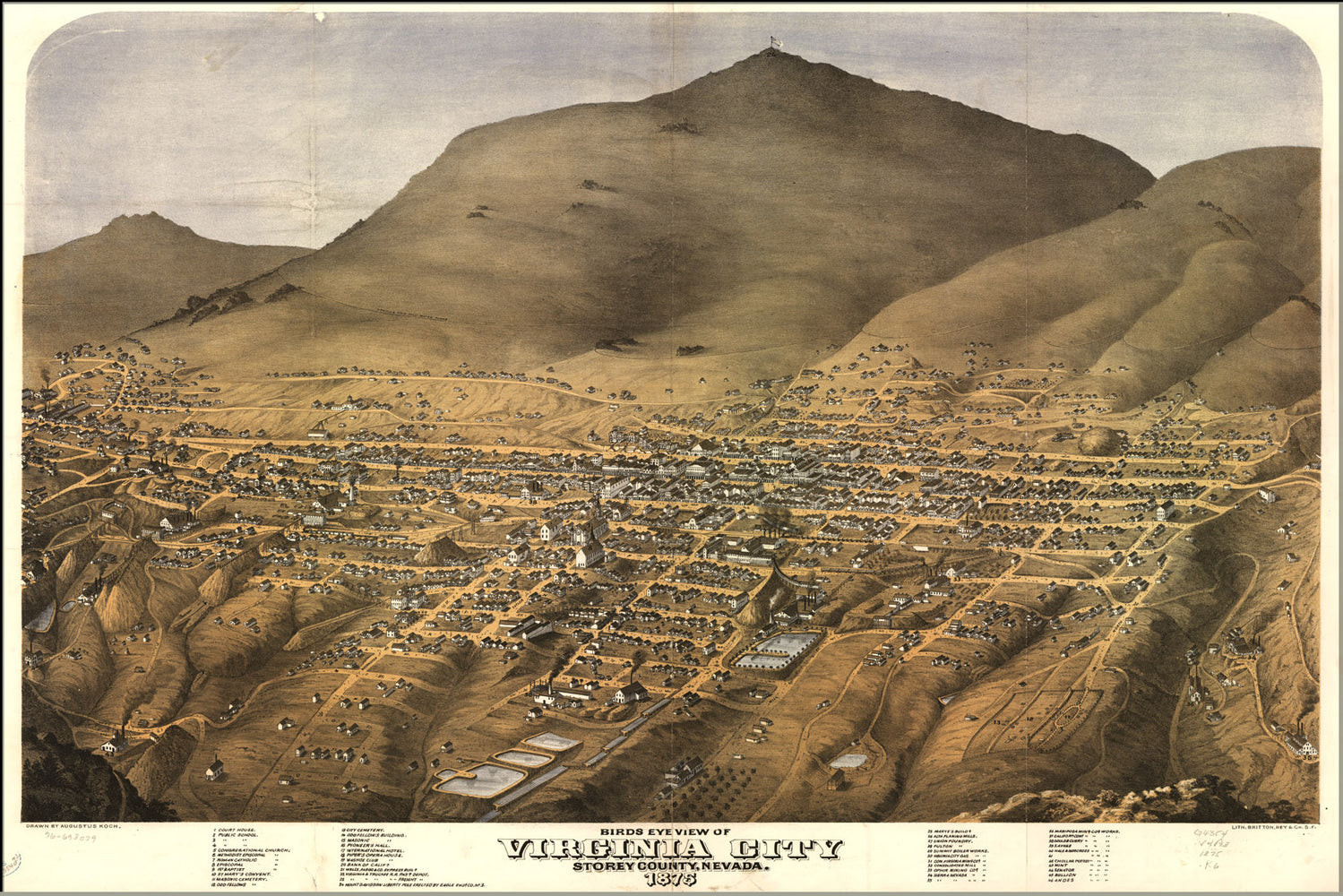 24"x36" Gallery Poster, birdseye view map of Virginia City, Nevada. 1875