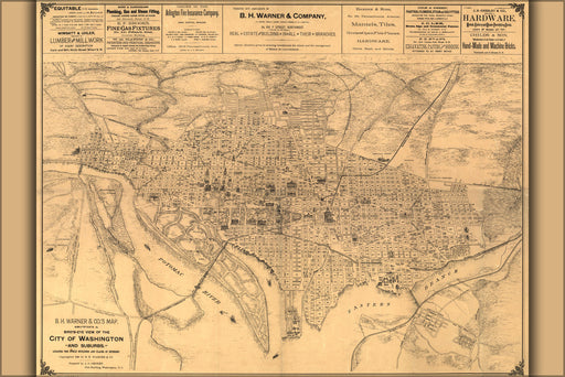 24"x36" Gallery Poster, birdseye view map of Washington d.c. 1886