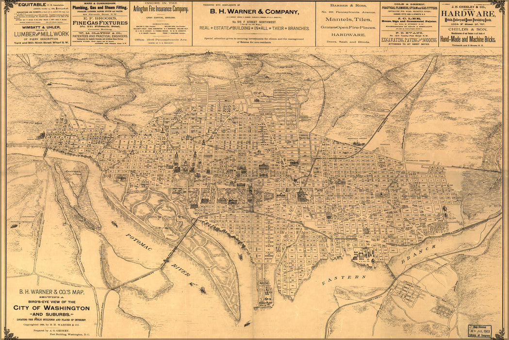 24"x36" Gallery Poster, birdseye view map of Washington d.c. 1886 P2