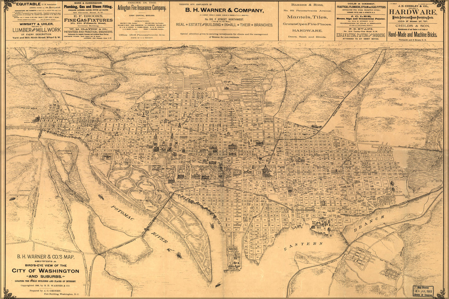 24"x36" Gallery Poster, birdseye view map of Washington d.c. 1886 P2