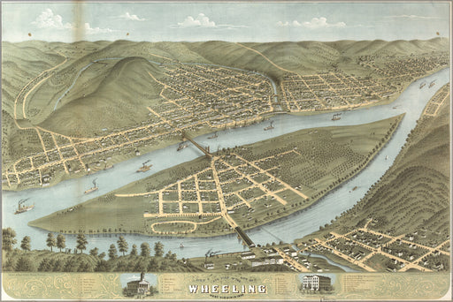 24"x36" Gallery Poster, birdseye view map of Wheeling, West Virginia 1870
