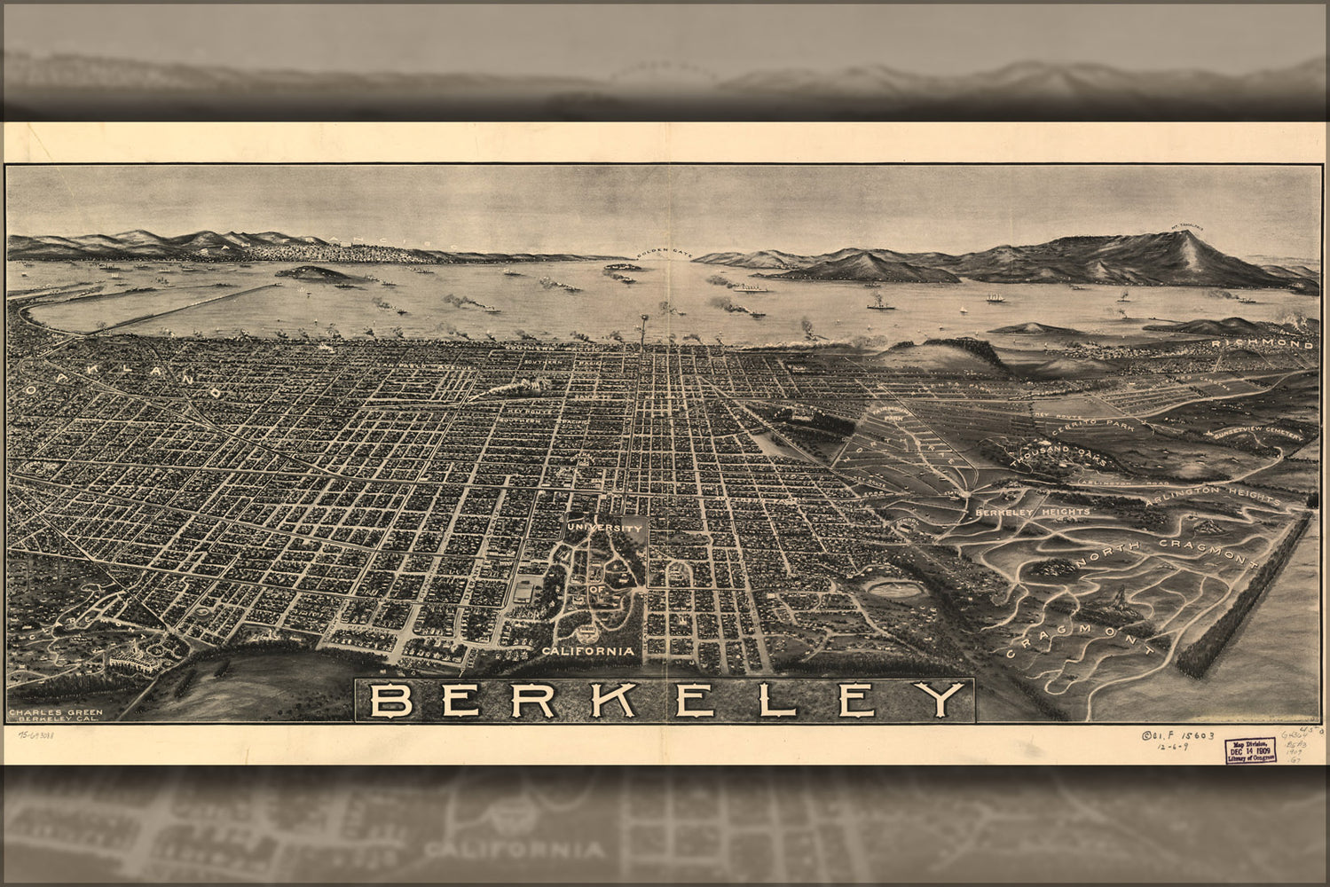 24"x36" Gallery Poster, birdseye view map of berkeley california 1909