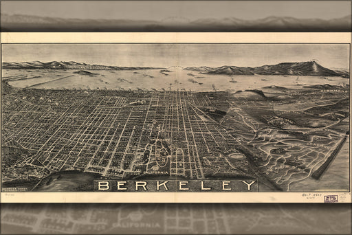 24"x36" Gallery Poster, birdseye view map of berkeley california 1909