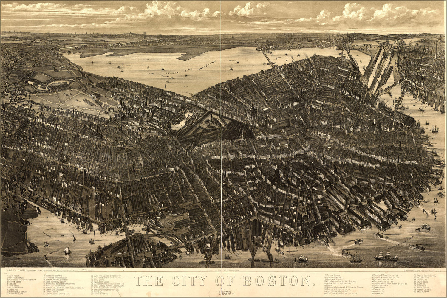 24"x36" Gallery Poster, birdseye view map of boston 1879