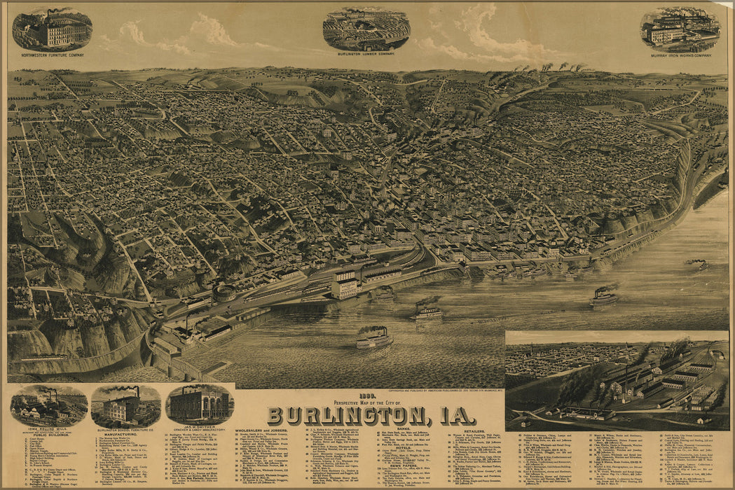 24"x36" Gallery Poster, birdseye view map of burlington iowa 1889