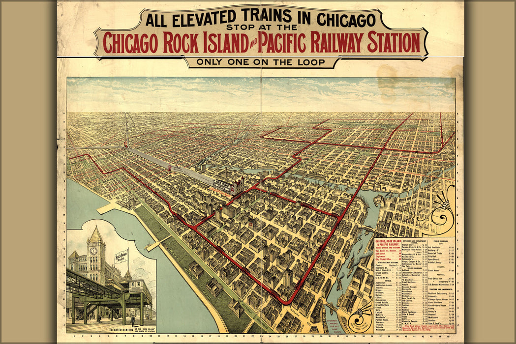 24"x36" Gallery Poster, birdseye view map of chicago 1897 rock island & pacific railway station