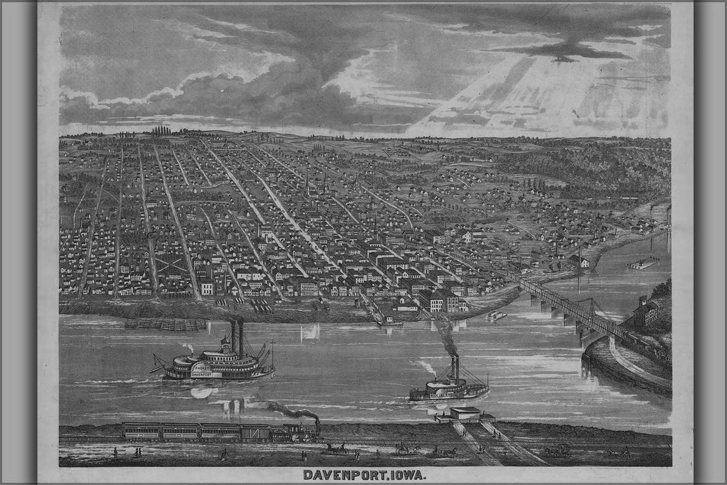 24"x36" Gallery Poster, birdseye view map of davenport iowa 1875