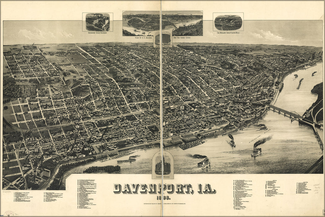 24"x36" Gallery Poster, birdseye view map of davenport iowa 1888