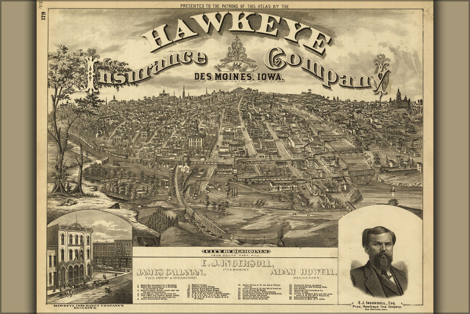 24"x36" Gallery Poster, birdseye view map of des moines iowa 1875